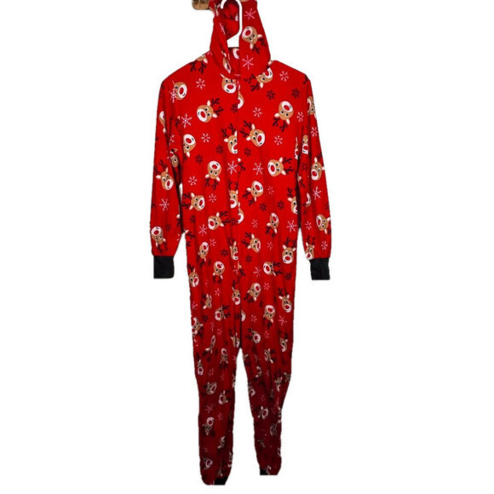 Red Reindeer Print Hooded Jumpsuit